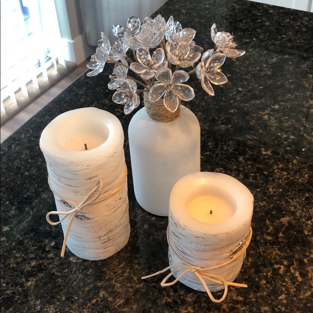 Electric birch flickering candles w/ frosted vase